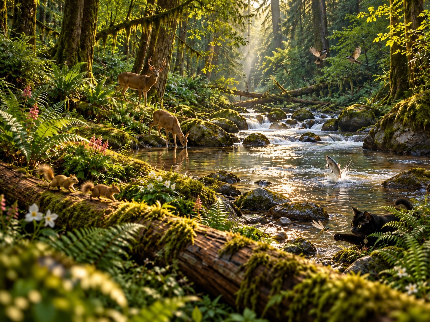 Sunlit forest creek with deer, squirrels, birds, a leaping fish, and a hidden black cat.