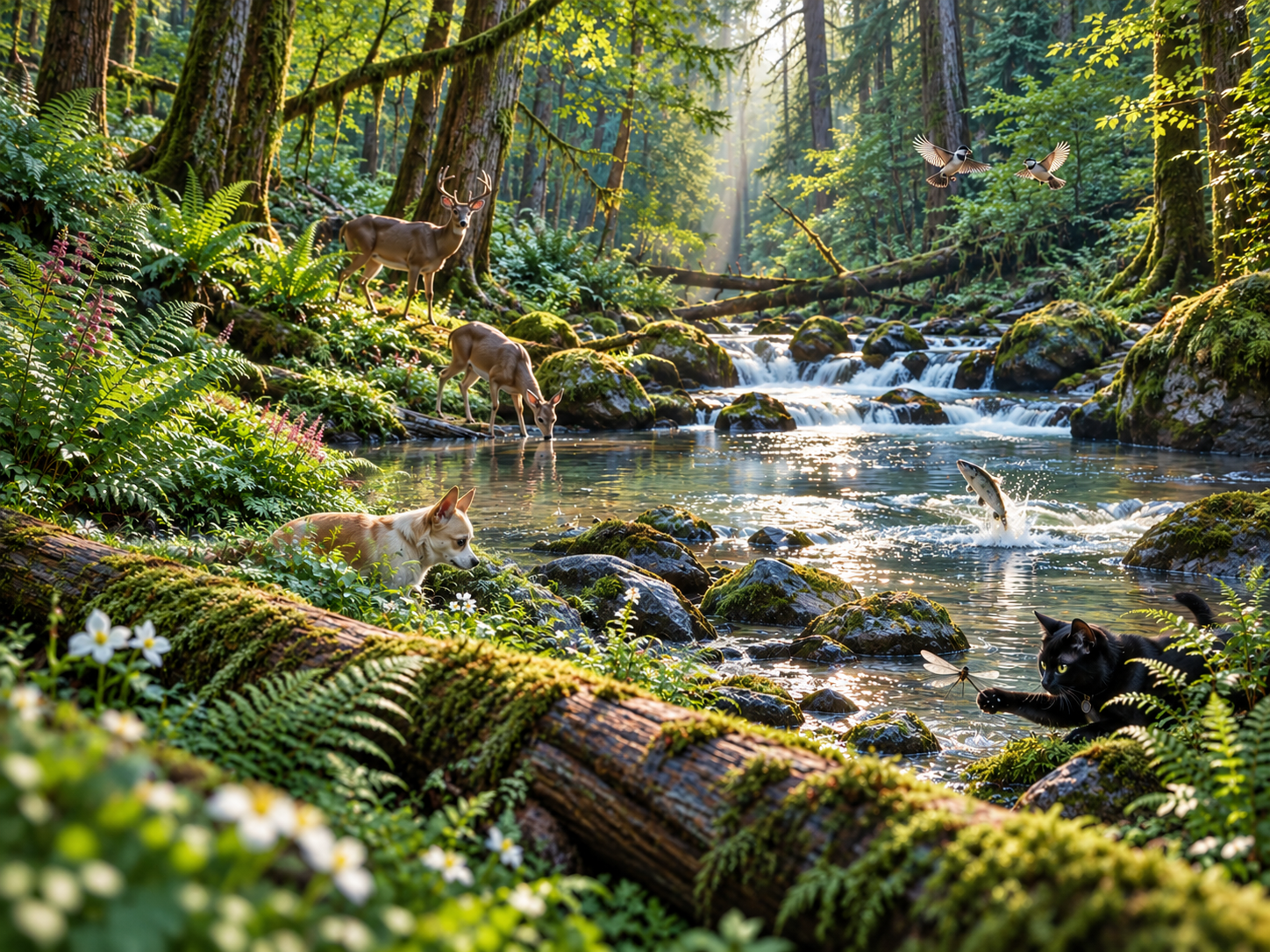 Sunlit forest creek with deer, squirrels, birds, a leaping fish, a black cat playing by the water, and a small dog watching nearby.
