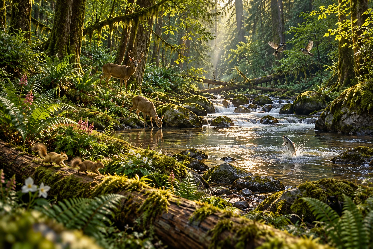 Sunlit Pacific Northwest forest stream with deer, birds, squirrels, a leaping fish and a hidden black cat
